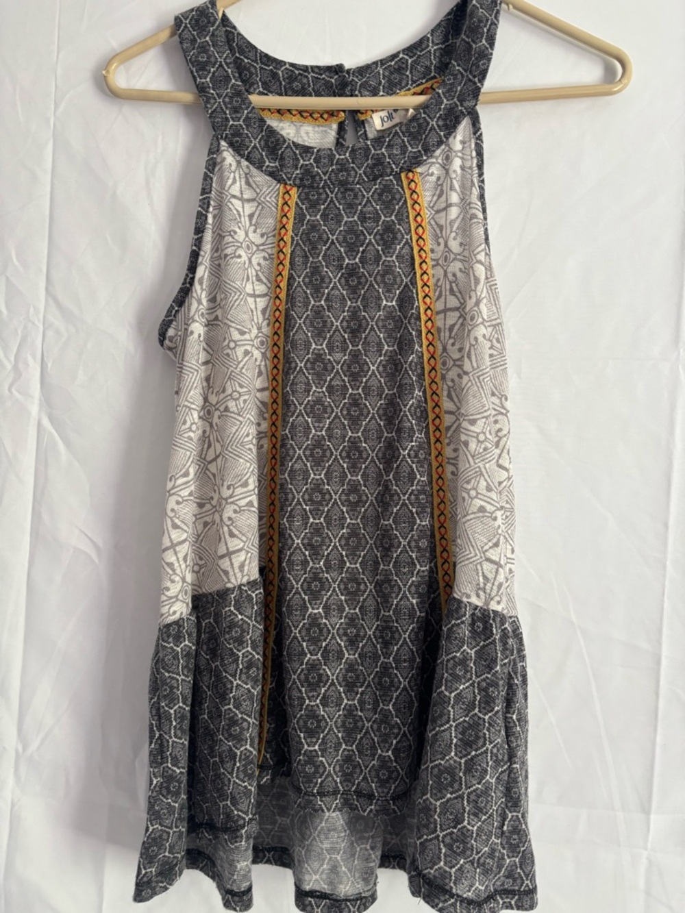 Jolt Black & White Geometric Tunic with Yellow Embroidered Trim